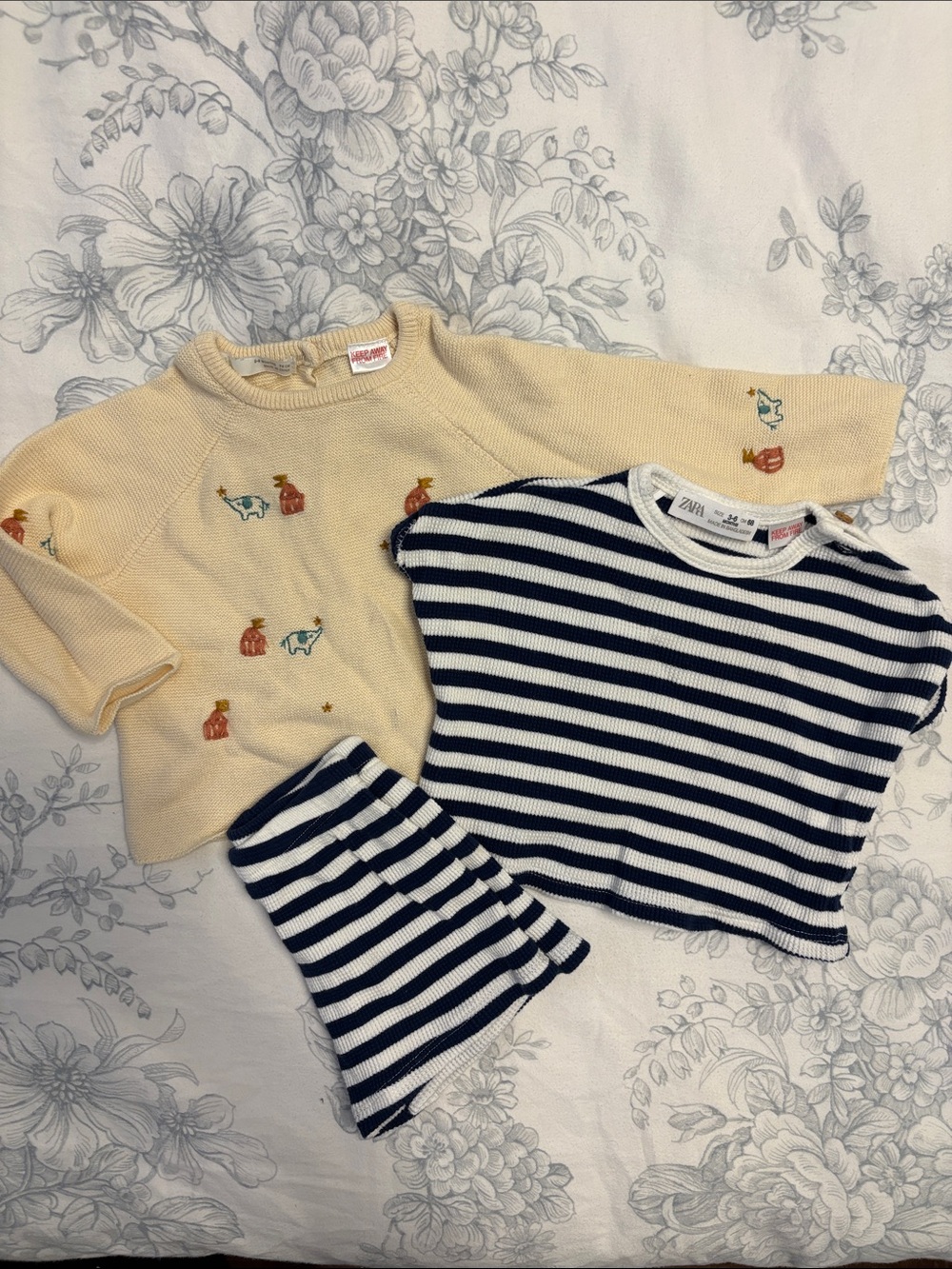 ZARA Navy & White Striped Knit Set with Pale Yellow Embroidered Sweater